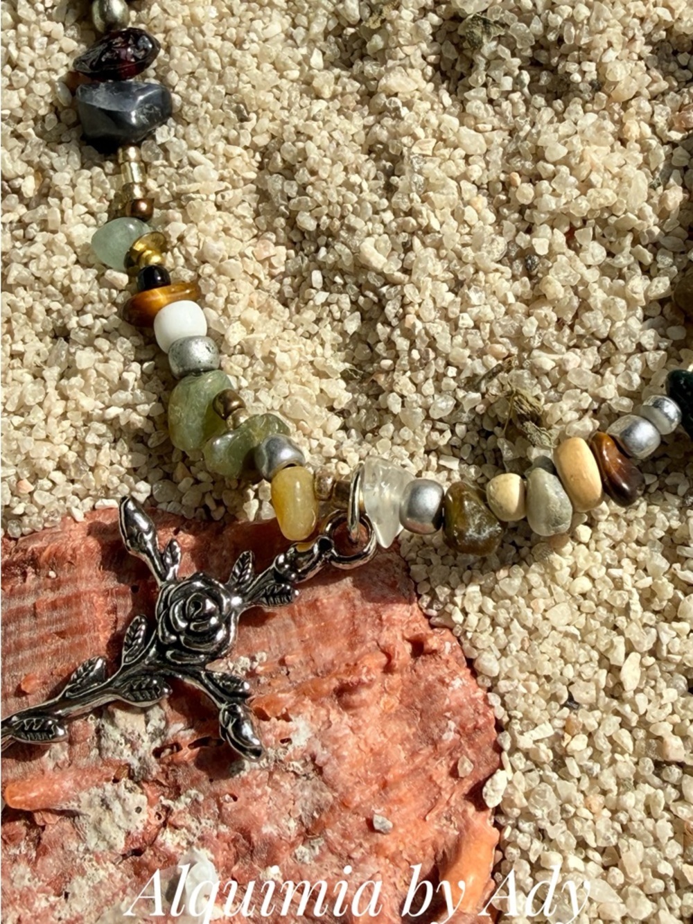 Multi gemstone Bead Rosary Necklace with Silver Crucifix